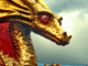 A fantasy dragon with golden scales and red eyes